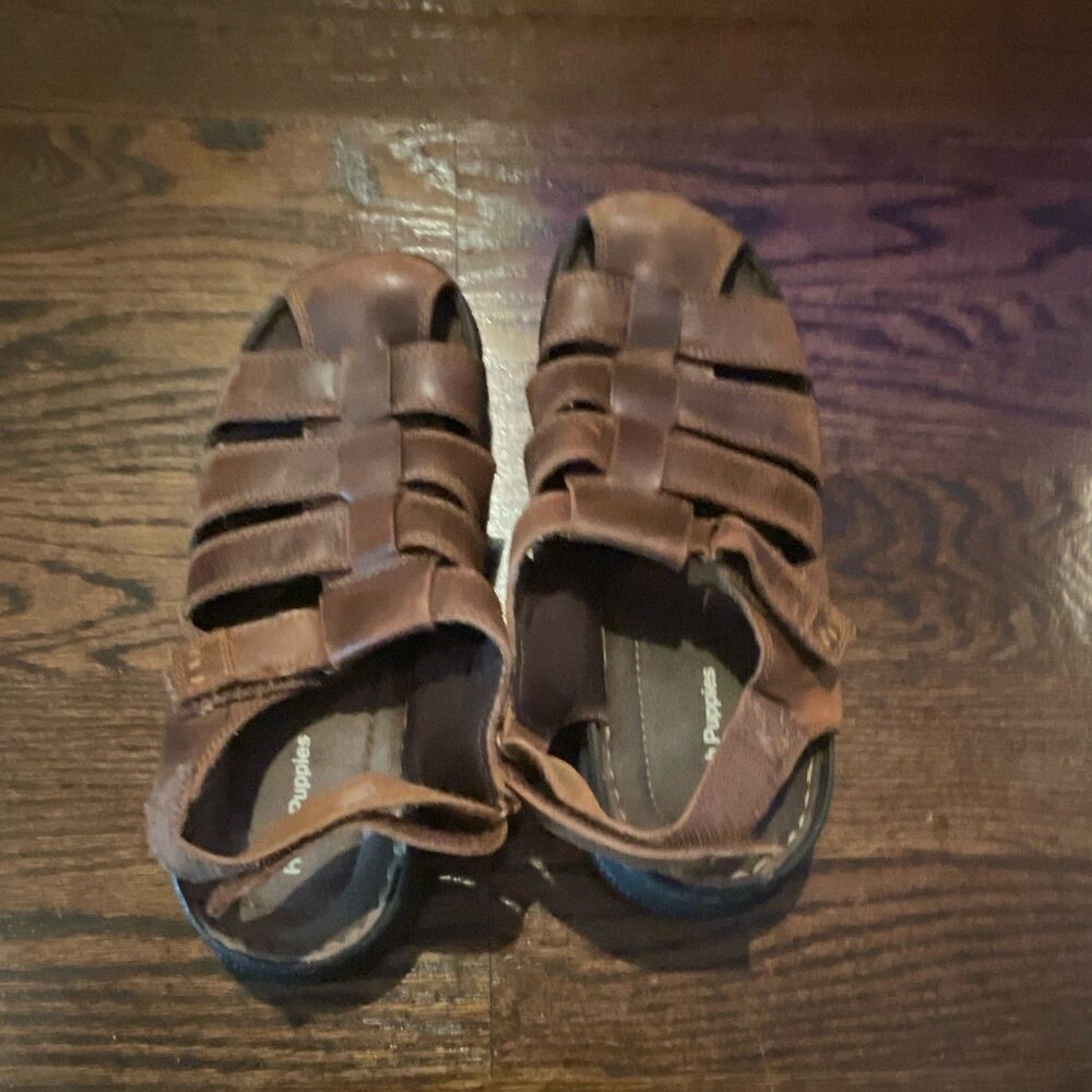 Skechers Men's Brown/Black Leather Fisherman Sandals Hook & Loop, 10.5